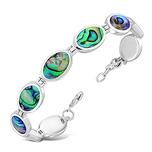 Women's Simulated Abalone Shell 925 Sterling Silver Oval Link Adjustable from 6.5" - 7.25" (inches) Bracelet