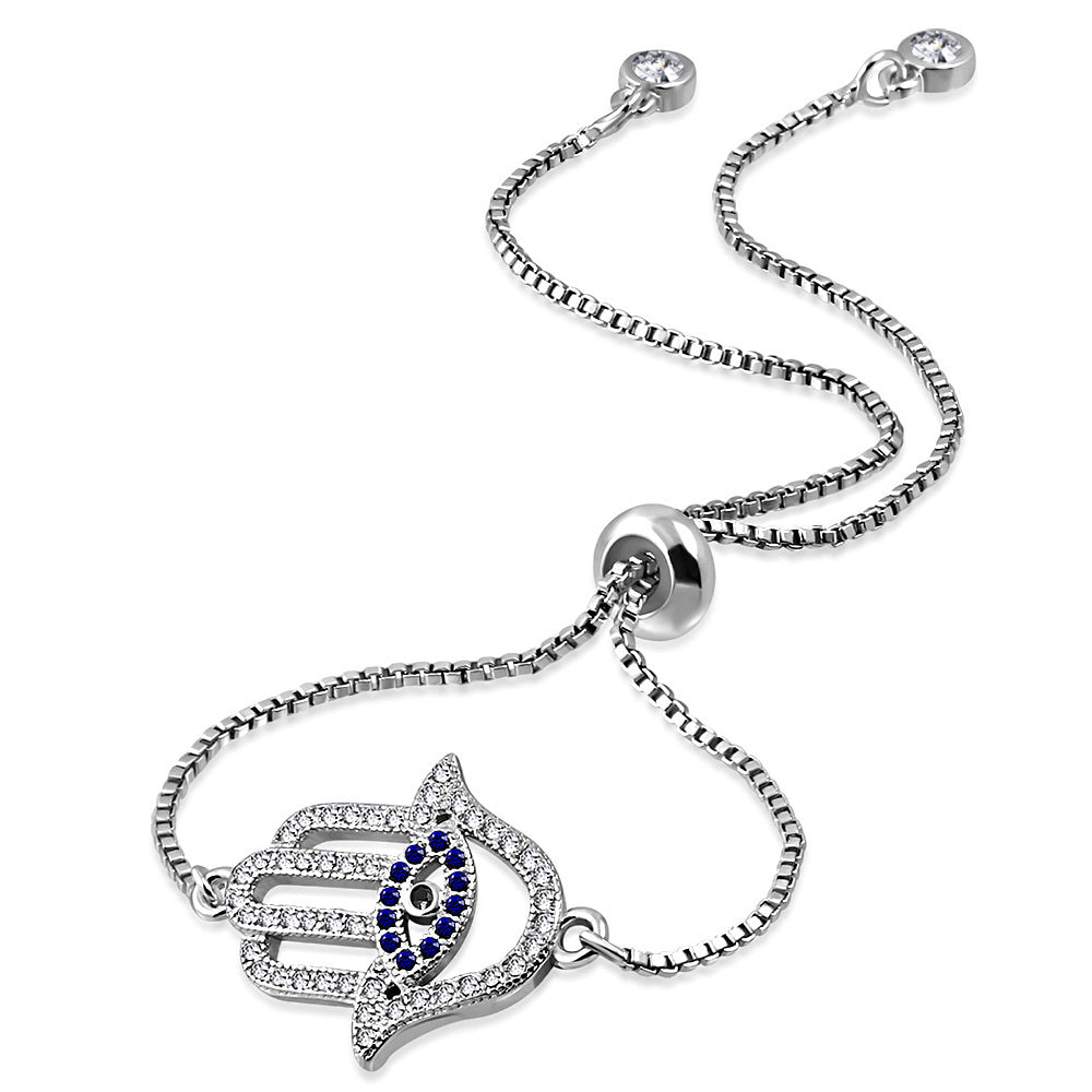 Stainless Steel Multi-Color CZ Evil Eye Hamsa Adjustable Chain Bracelet, 9"