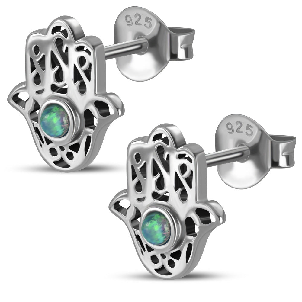 Womens Blue Green Simulated Opal Hamsa Stud Earrings 925 Sterling Silver