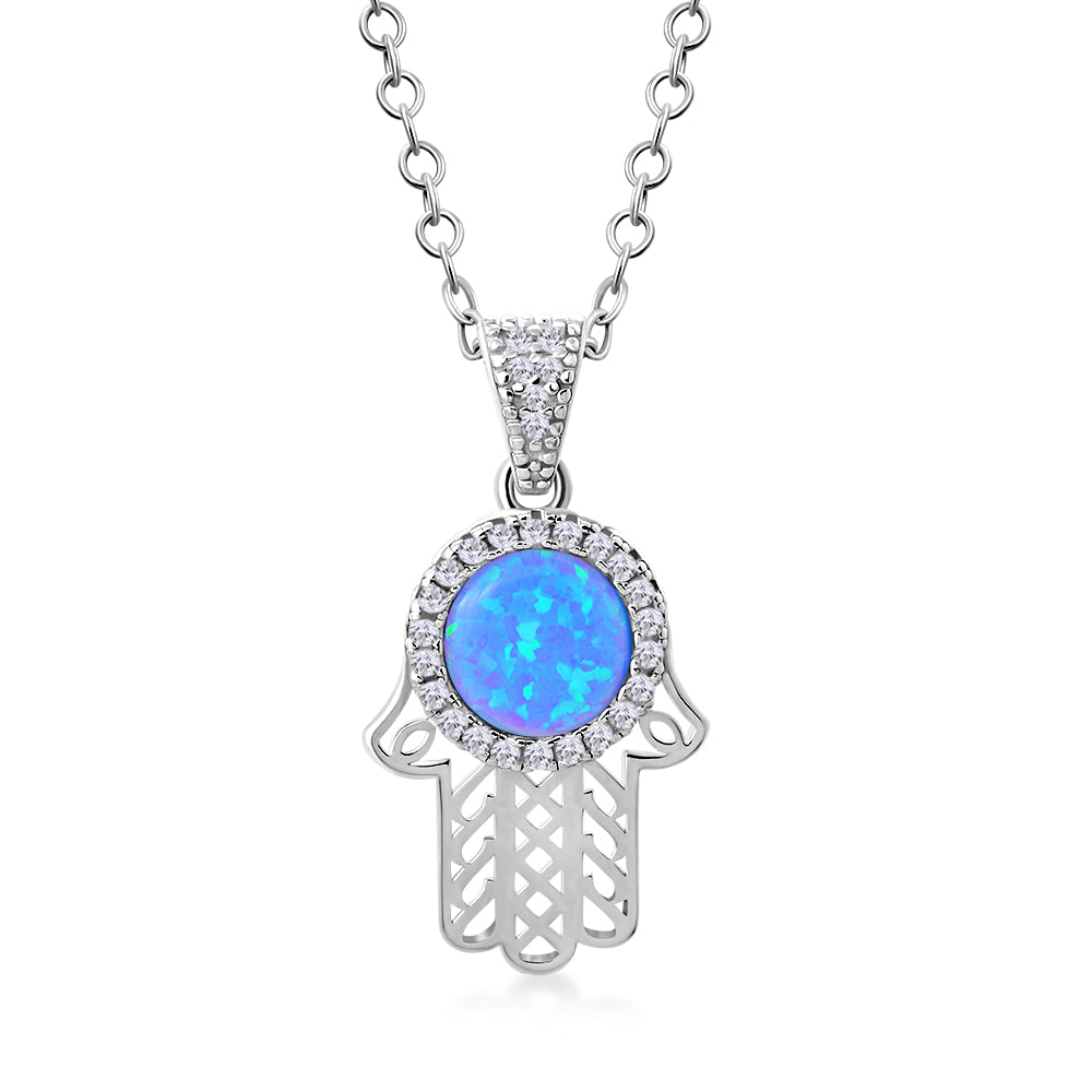 Blue Simulated Opal 925 Sterling Silver Hamsa Pendant Necklace Cubic Zirconia