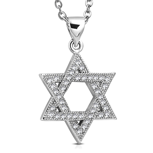 Stainless Steel Classic Jewish Star of David White CZ Pendant Necklace