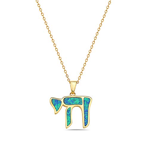 Gold Inlay Opal Chai Necklace Pendant Sterling Silver