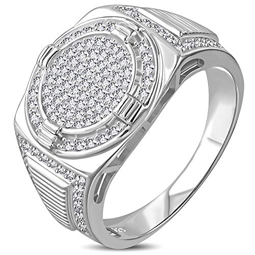 My Daily Styles 925 Sterling Silver Men's Silver-Tone Micro Pave White CZ Stone Circular Signet Style Ring with Band Detail