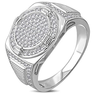 My Daily Styles 925 Sterling Silver Men's Silver-Tone Micro Pave White CZ Stone Circular Signet Style Ring with Band Detail