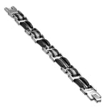 Stainless Steel Silver-Tone Black Rubber Link Mens Bracelet, 7.75"