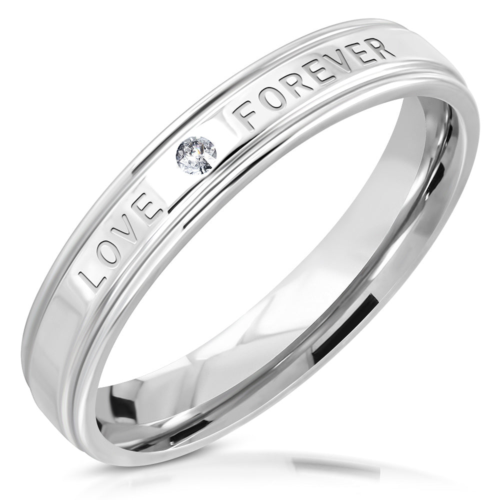 Love Forever Band Ring Silver-Tone Stainless Steel Cubic Zirconia