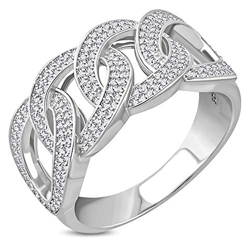 925 Sterling Silver Men's Silver-Tone Micro Pave White CZ Stone Chain Link Design Band Ring