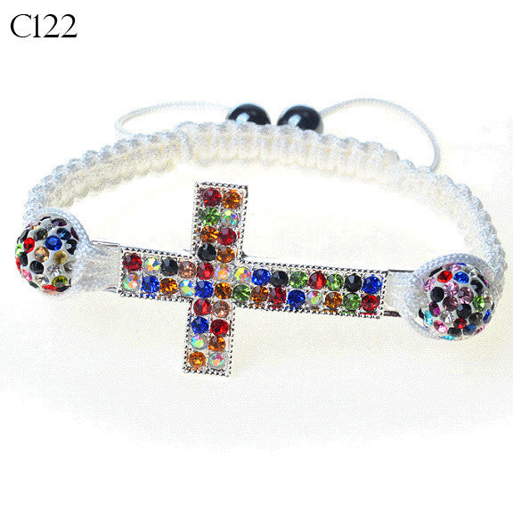 Silver-Tone Cross Multicolor CZ Cord Macrame Beaded Adjustable Bracelet