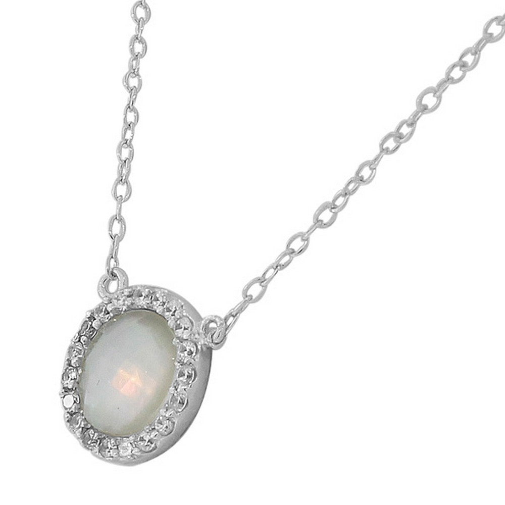 925 Sterling Silver Solitaire Simulated Mother-of-Pearl White CZ Pendant Necklace