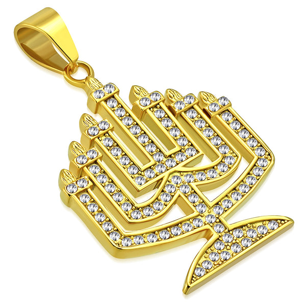 Stainless Steel Yellow Gold-Tone Menorah Jewish CZ Pendant Necklace, 30"