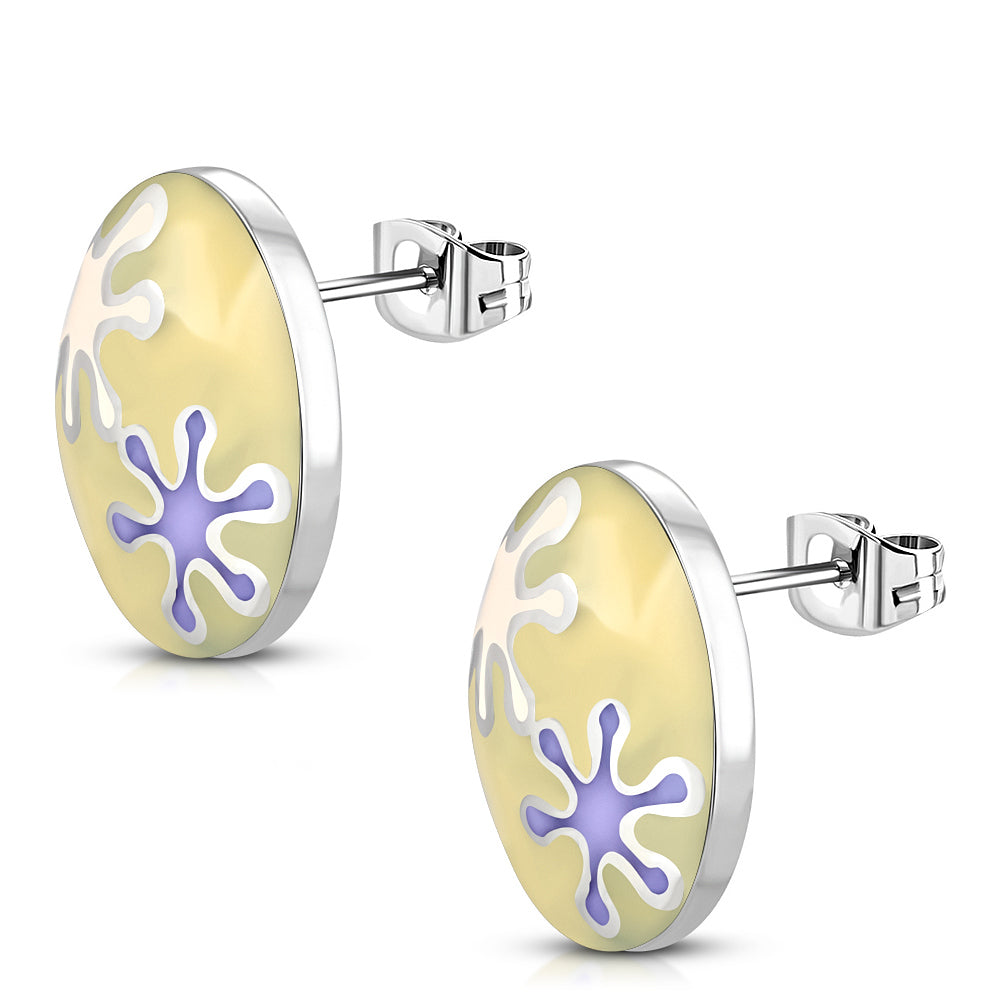 Womens Stainless Steel Floral Oval Stud Earrings