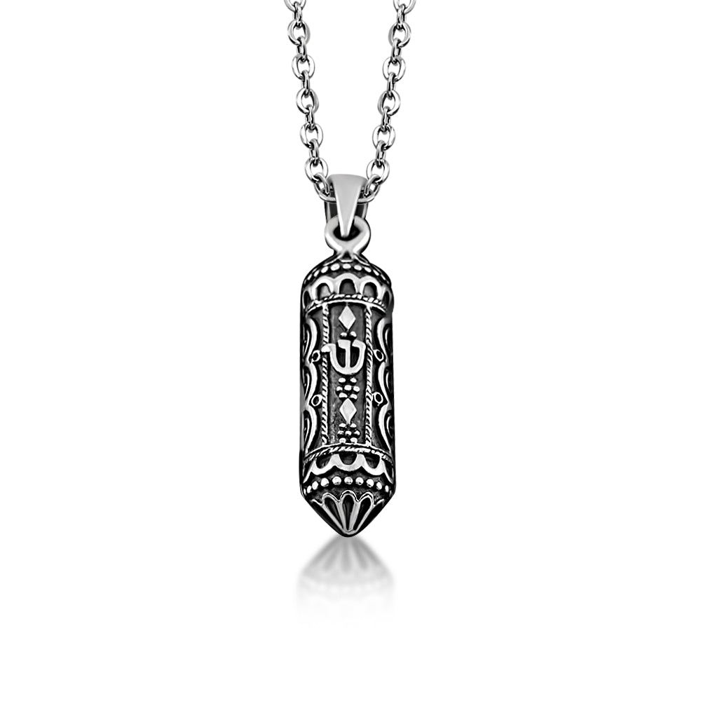 Intricate Mezuzah Necklace Pendant Sterling Silver