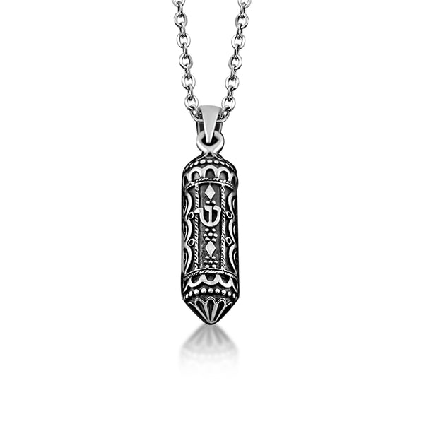 Intricate Mezuzah Necklace Pendant Sterling Silver
