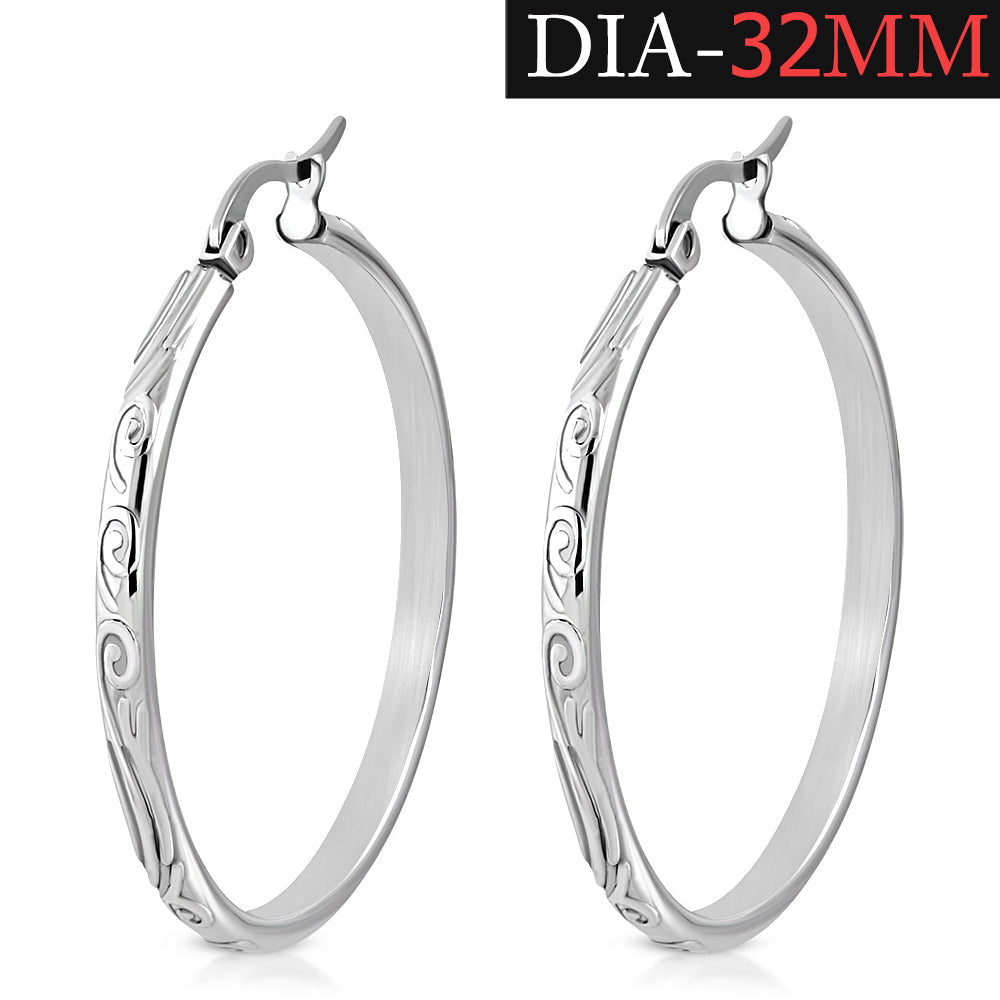 Stainless Steel Silver-Tone Round Swirl Hoop Earrings, 1.25"