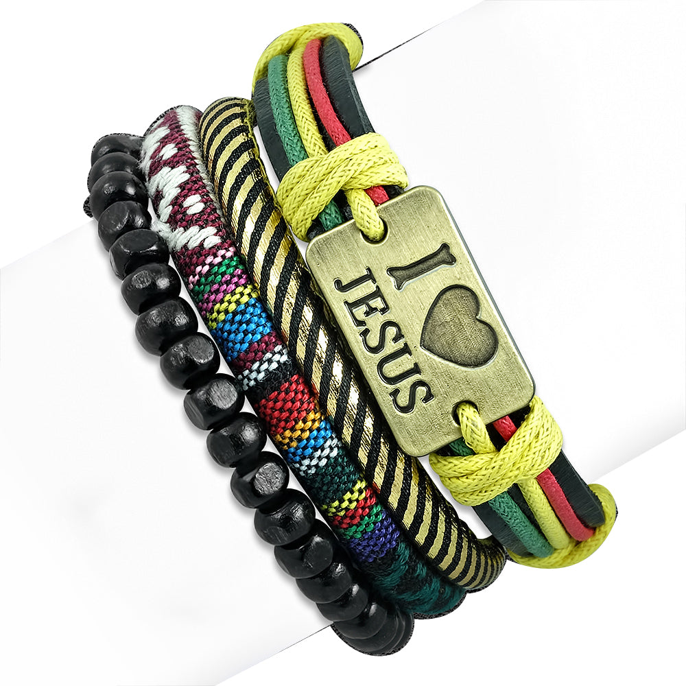 My Daily Styles Fashion Multicolor Rainbow Leather I Love Jesus Religious Bracelet Set, Adjustable