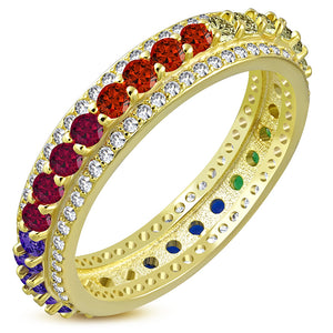 925 Sterling Silver Women's Silver Yellow Rose Gold-Tone Prong-Set Multi-Color CZ Stones Ring