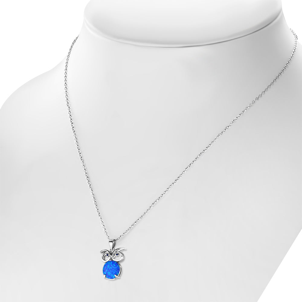 My Daily Styles – Blue Eyed Owl Necklace - Opal Necklace - Sterling Silver Necklace for Women - Sparkling Round Cut Blue Simulated Opal Stone Embellished Over The Owl Pendant – 0.6″ x 0.5″