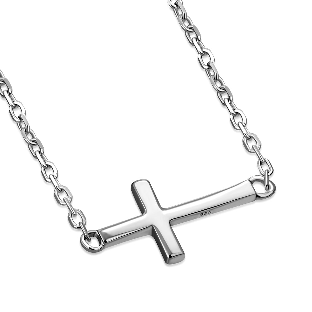 Sterling Silver Sideways Cross Necklace for Women - Small Dainty Side Ways Cross Faith Necklace - Womens Jewelry Gift for Birthday, Christmas and Mother's Day