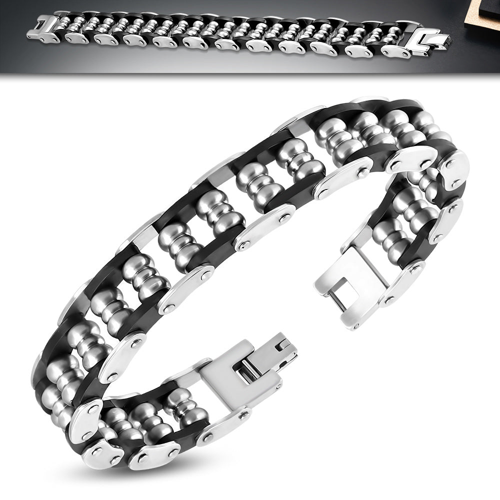 Stainless Steel Silver-Tone Black Rubber Link Mens Bracelet, 8"