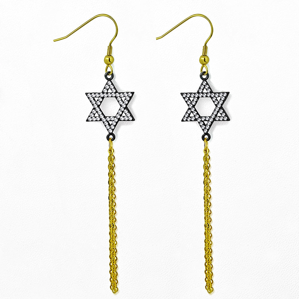Stainless Steel CZ Black Yellow Gold-Tone Jewish Star of David Dangle Drop Chain Earrings