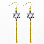 Stainless Steel CZ Black Yellow Gold-Tone Jewish Star of David Dangle Drop Chain Earrings