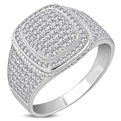 925 Sterling Silver Men's Micro Pave CZ Stone Rounded Edge Square Layered Signet Style Ring