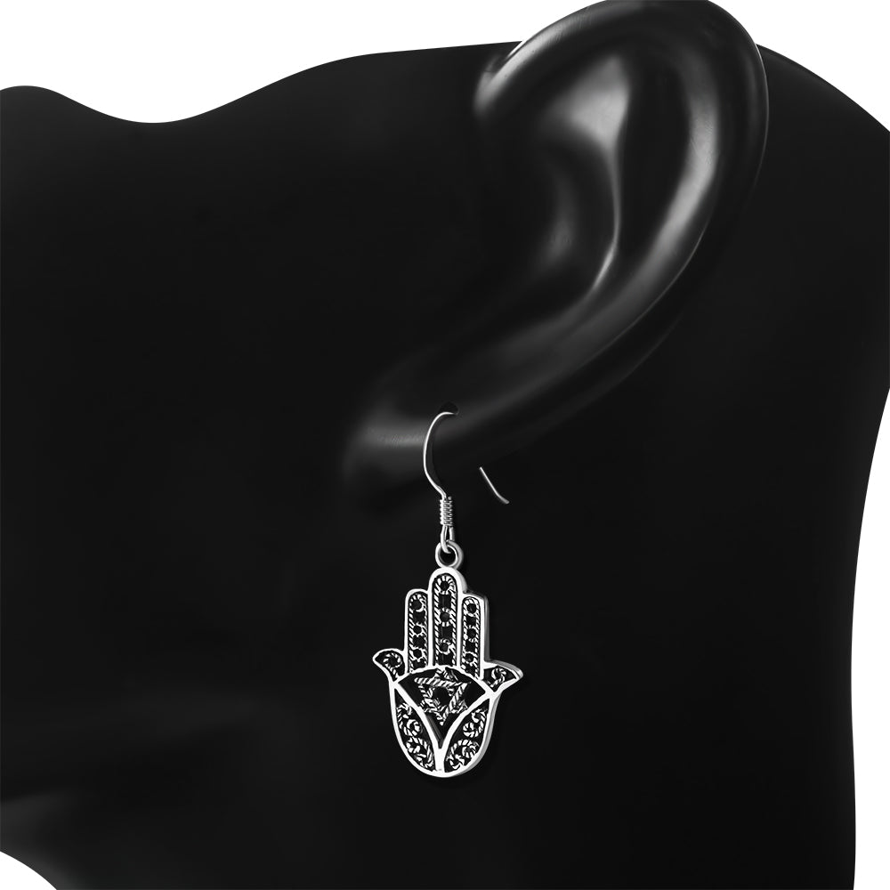 925 Sterling Silver Hand Of Fatima Hamsa Star Of David Dangle Drop Hook Earrings