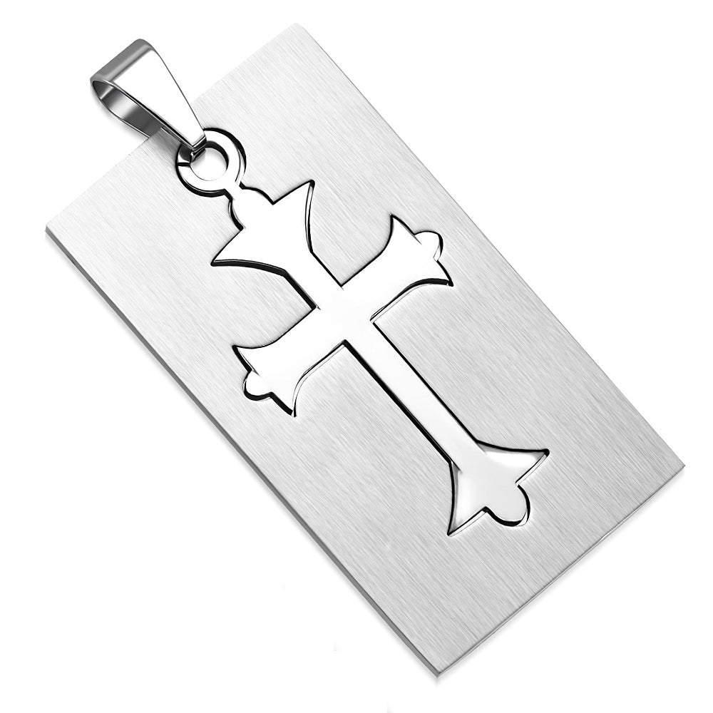 Stainless Steel Silver-Tone Religious Cutout Cross Dog Tag Pendant Necklace