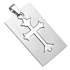 Stainless Steel Silver-Tone Religious Cutout Cross Dog Tag Pendant Necklace