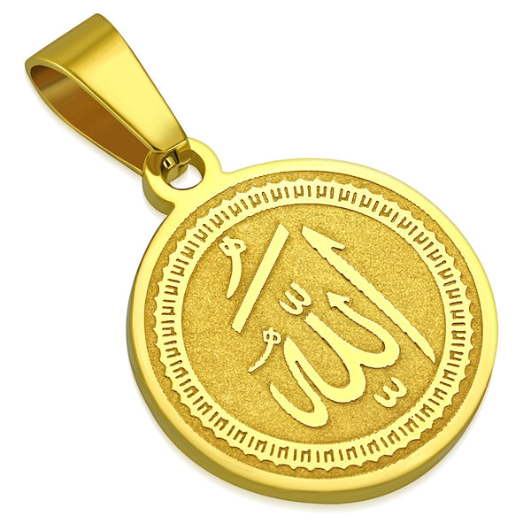 Yellow Gold Tone Round Allah Stainless Steel Pendant Necklace