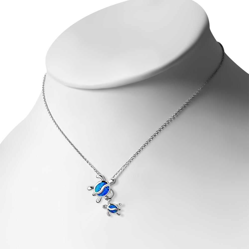 Blue Sea Turtle Pair Necklace Pendant 925 Sterling Silver Simulated Opal
