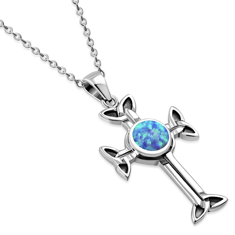 My Daily Styles Cross Necklace for Women - Faith Pendant Necklace with Simulated Opal Gemstone – 925 Sterling Silver Trinity Knot Cross Necklace – Hand Polished Silver Necklace for Women