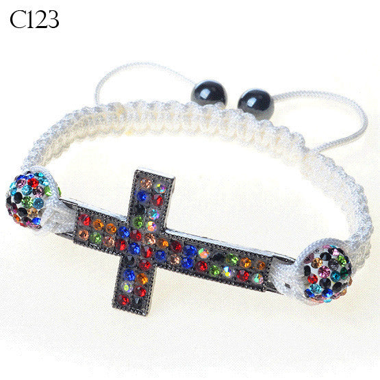 Chrome Tone Cross Multicolor CZ Cord Macrame Beaded Adjustable Bracelet