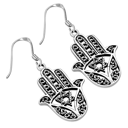 925 Sterling Silver Hand Of Fatima Hamsa Star Of David Dangle Drop Hook Earrings