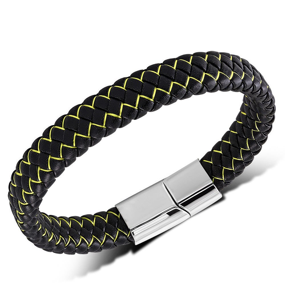 Stainless Steel Yellow Green Black Braided Leather Mens Cuff Bracelet