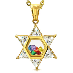 Stainless Steel Yellow Gold-Tone Floating Multi-Color CZ Jewish Star of David Pendant Necklace
