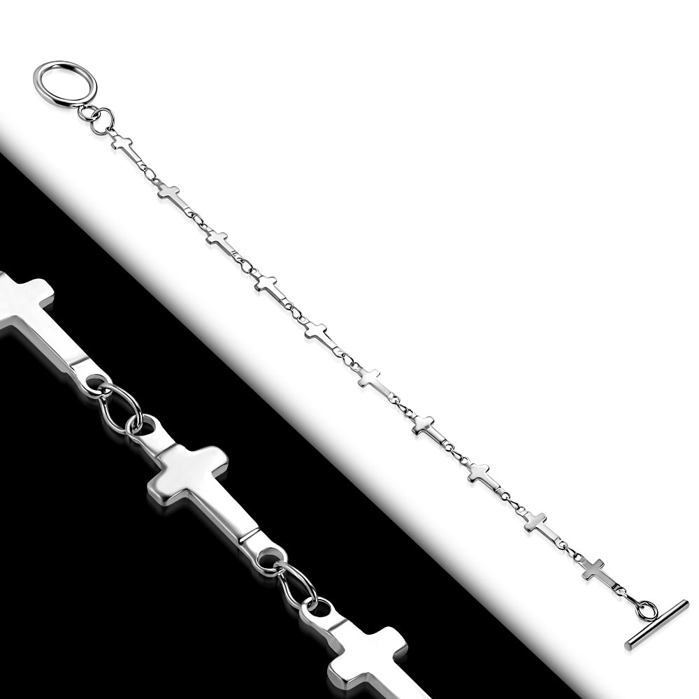 My Daily Styles Stainless Steel Silver-Tone Religious Cross Toggle Clasp Link Chain Bracelet