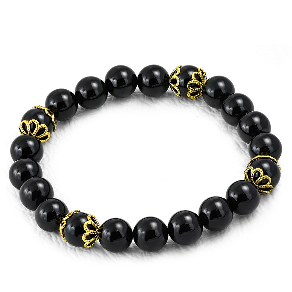 Yellow Gold-Tone Floral Filigree Polished Black Beaded Stretch Bracelet