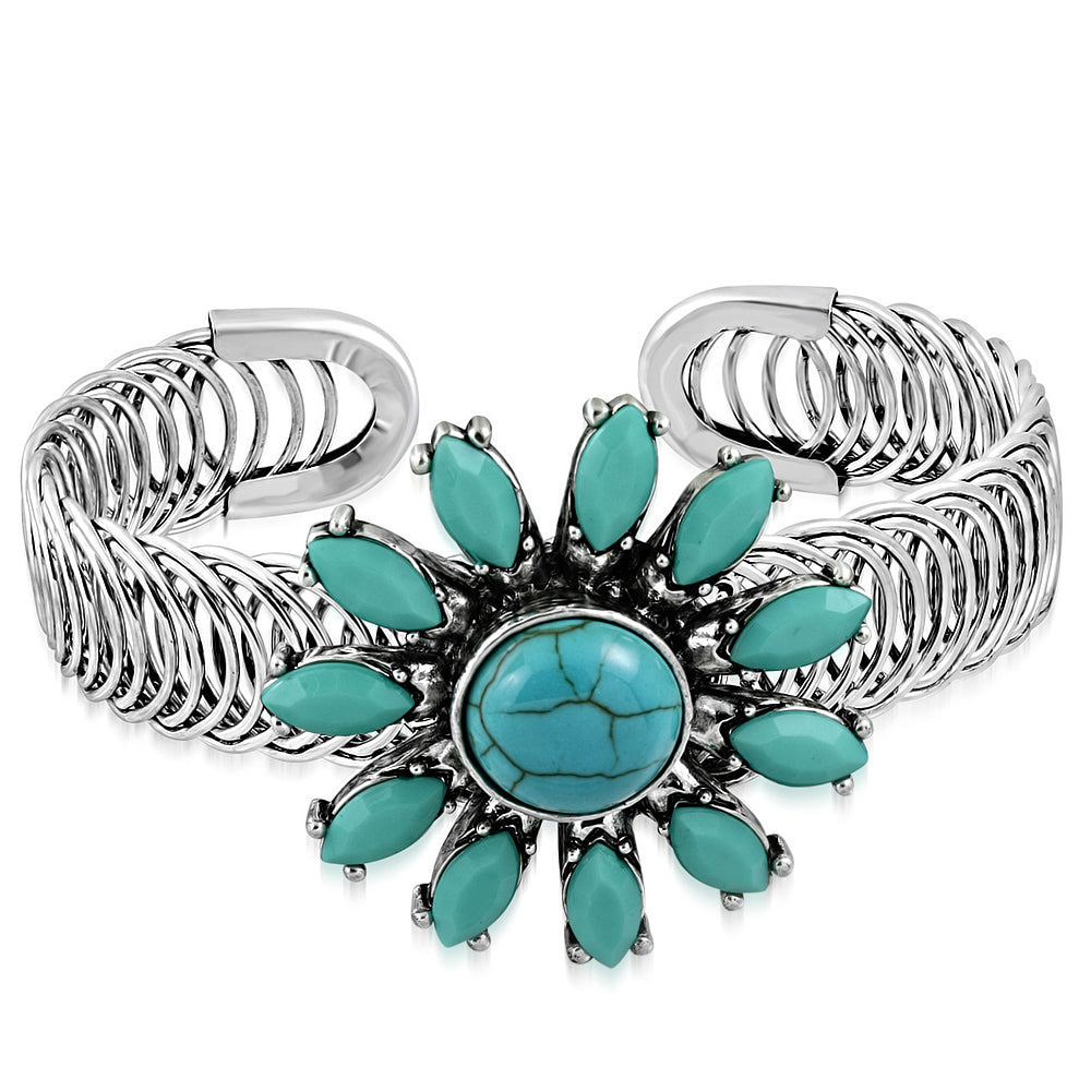 Fashion Alloy Silver-Tone Simulated Turquoise Flower Adjustable Cuff Bracelet
