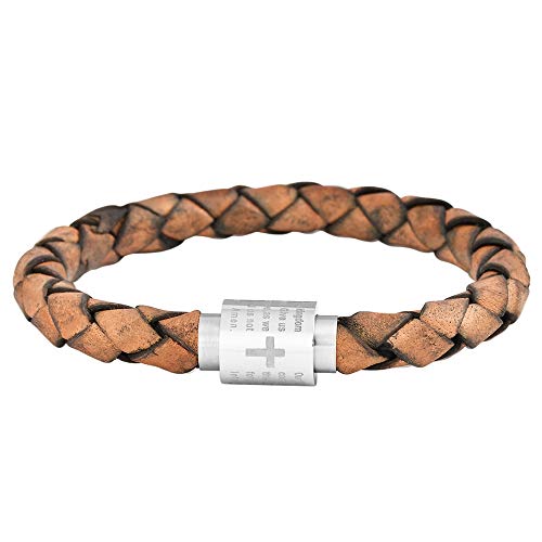 Vortex Steel Mens Genuine Leather Bracelet Lords Fathers Prayer in English 8.5"