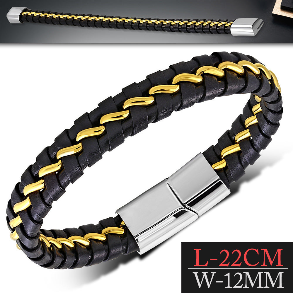 Stainless Steel Two-Tone Black Leather Mens Cuff Bracelet, 8.5"