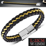 Stainless Steel Two-Tone Black Leather Mens Cuff Bracelet, 8.5"
