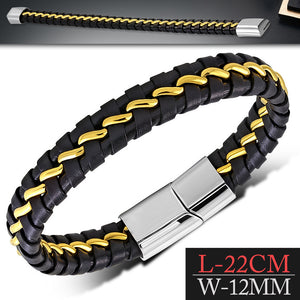 Stainless Steel Two-Tone Black Leather Mens Cuff Bracelet, 8.5"