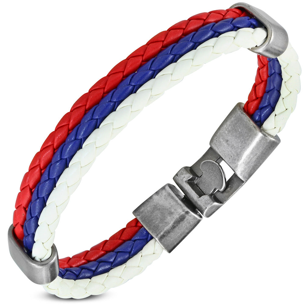 Stainless Steel Multi-Color Braided Faux Leather Layer Cuff Bracelet, 7.75"