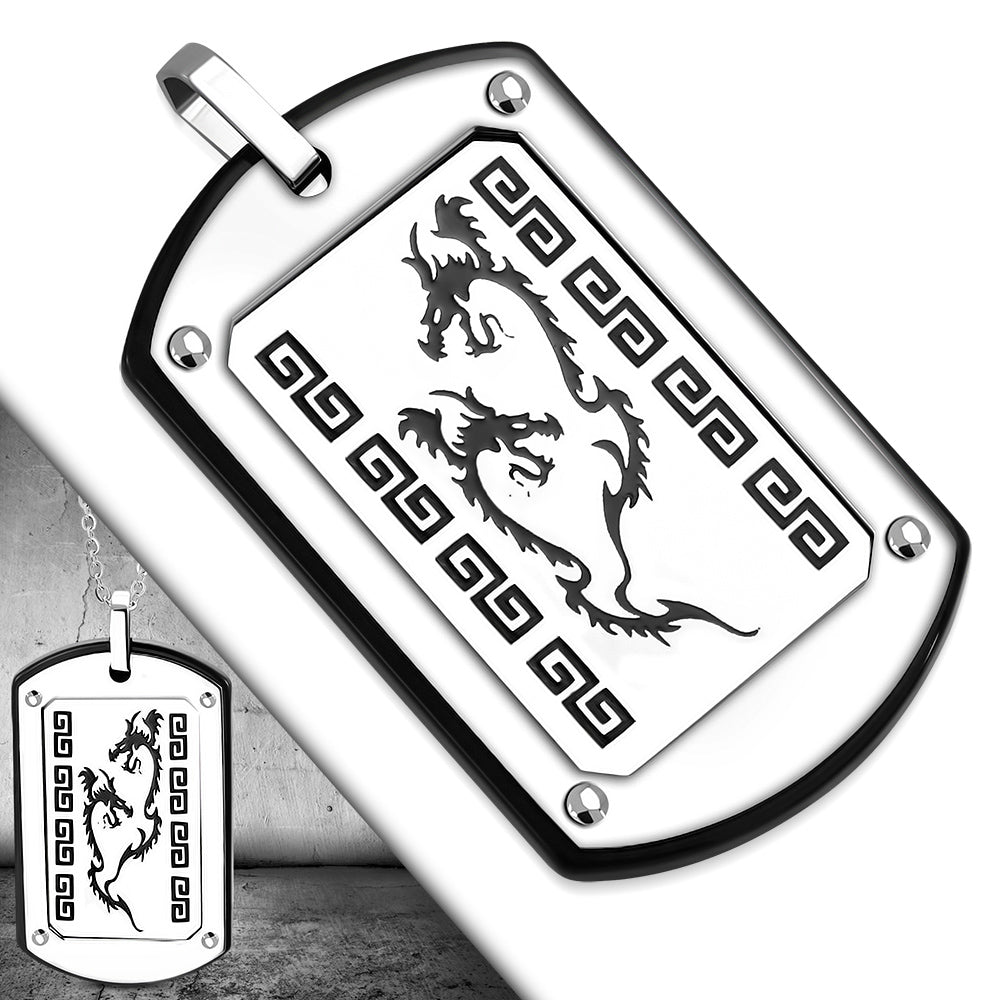 Mens Stainless Steel Twin Dragons Dog Tag Pendant Necklace