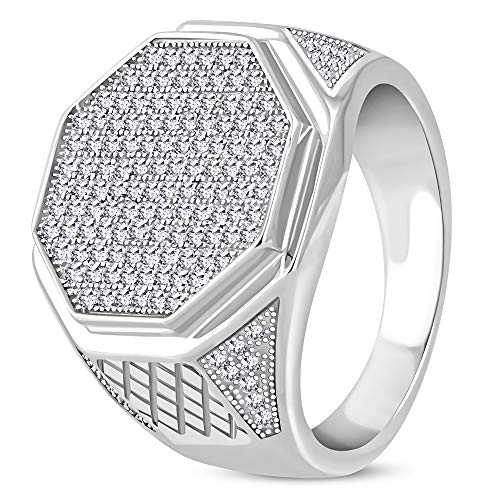 925 Sterling Silver White Clear CZ Large Statement Cocktail Mens Ring Band