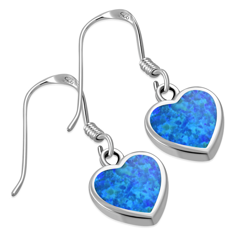 Womens Girls Blue Simulated Opal Heart Dangle Drop 925 Sterling Silver Earrings