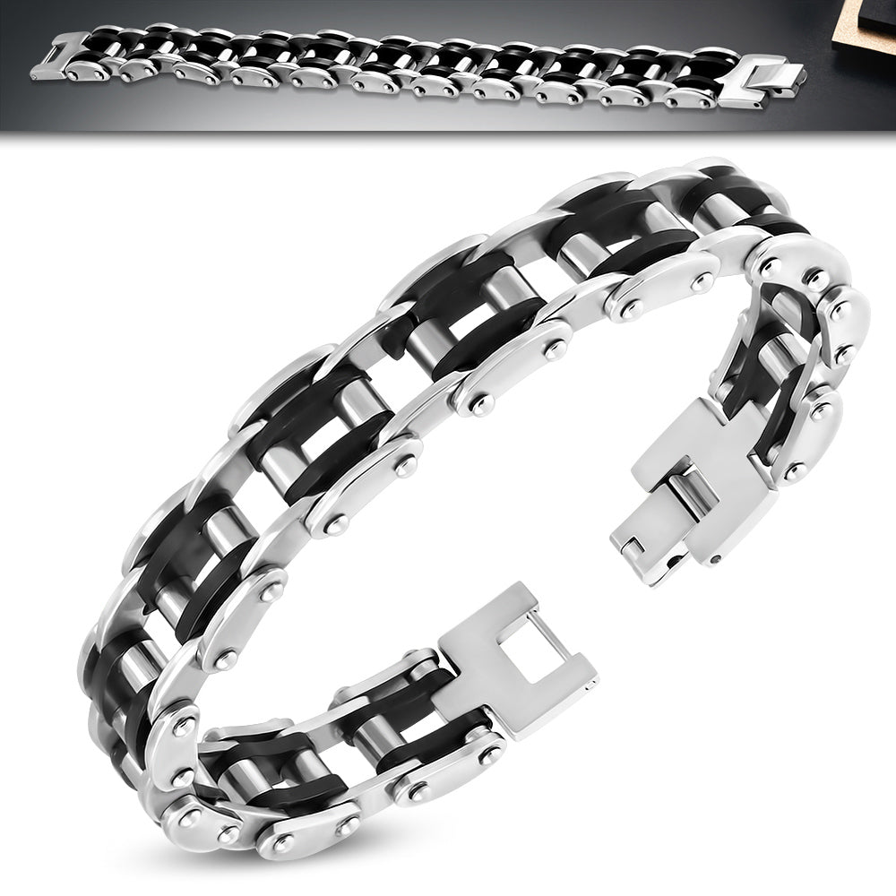 Stainless Steel Black Rubber Silver-Tone Bike Link Chain Mens Bracelet
