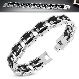 Stainless Steel Black Rubber Silver-Tone Bike Link Chain Mens Bracelet