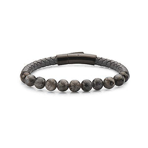 Mens Stainless Steel Genuine Leather Natrual Baded Bracelet with Magnetic Lock 8"